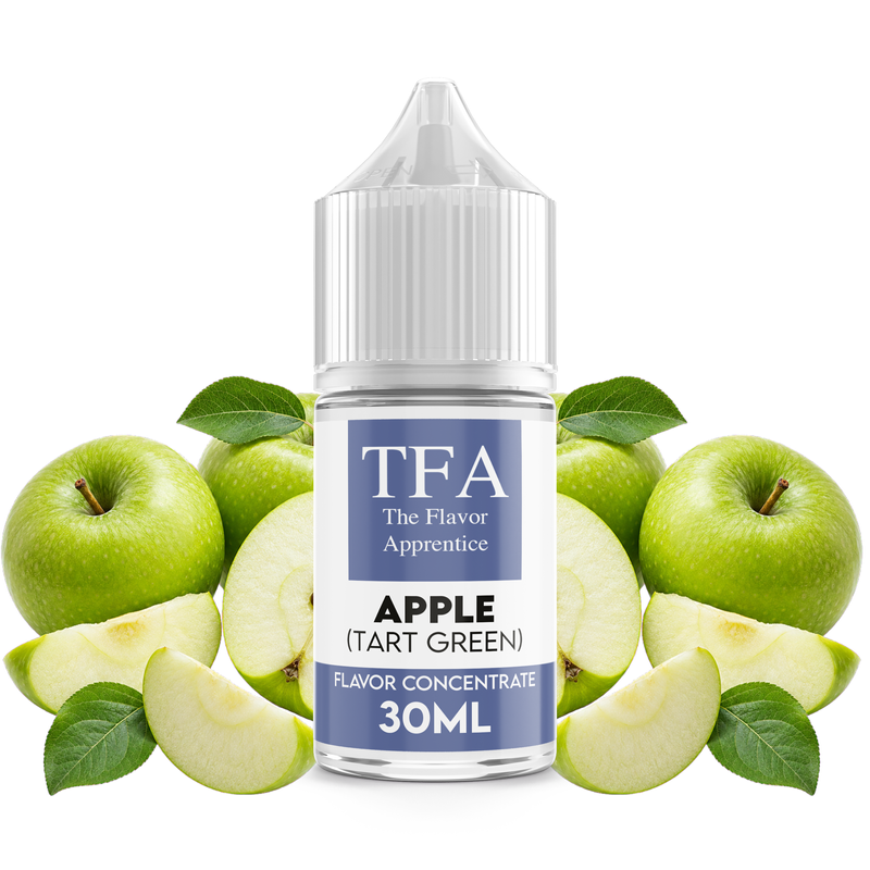 Flaska med Apple (Tart Green) från The Flavor Apprentice framför gröna äpplen.