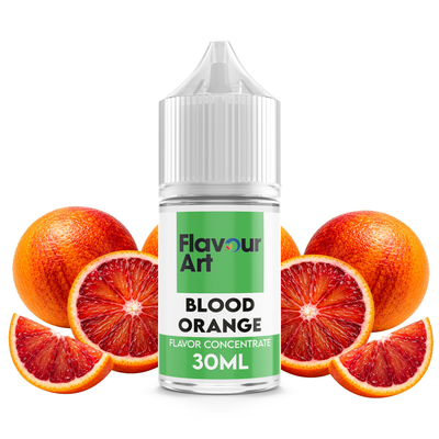 Flaska med Blood Orange från Flavour Art framför skivade blodapelsiner.
