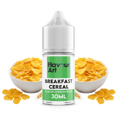 Flaska med Breakfast Cereal från Flavour Art framför en skål med rostade frukostflingor.