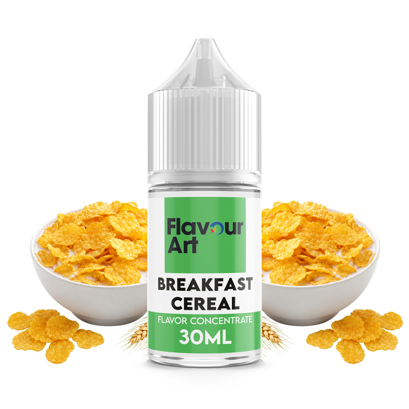 Flaska med Breakfast Cereal från Flavour Art framför en skål med rostade frukostflingor.