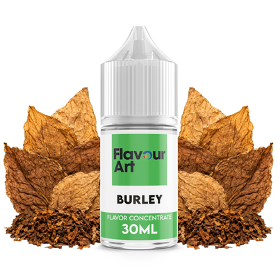 Flaska med Burley från Flavour Art framför torkade Burley-tobaksblad.