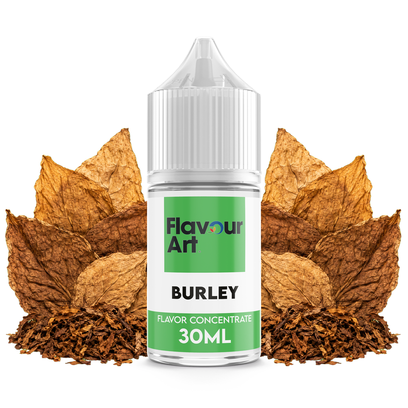 Flaska med Burley från Flavour Art framför torkade Burley-tobaksblad.