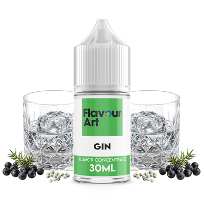 Flaska med Gin från Flavour Art framför enbär, lime och aromatiska örter.