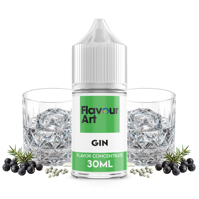 Flaska med Gin från Flavour Art framför enbär, lime och aromatiska örter.