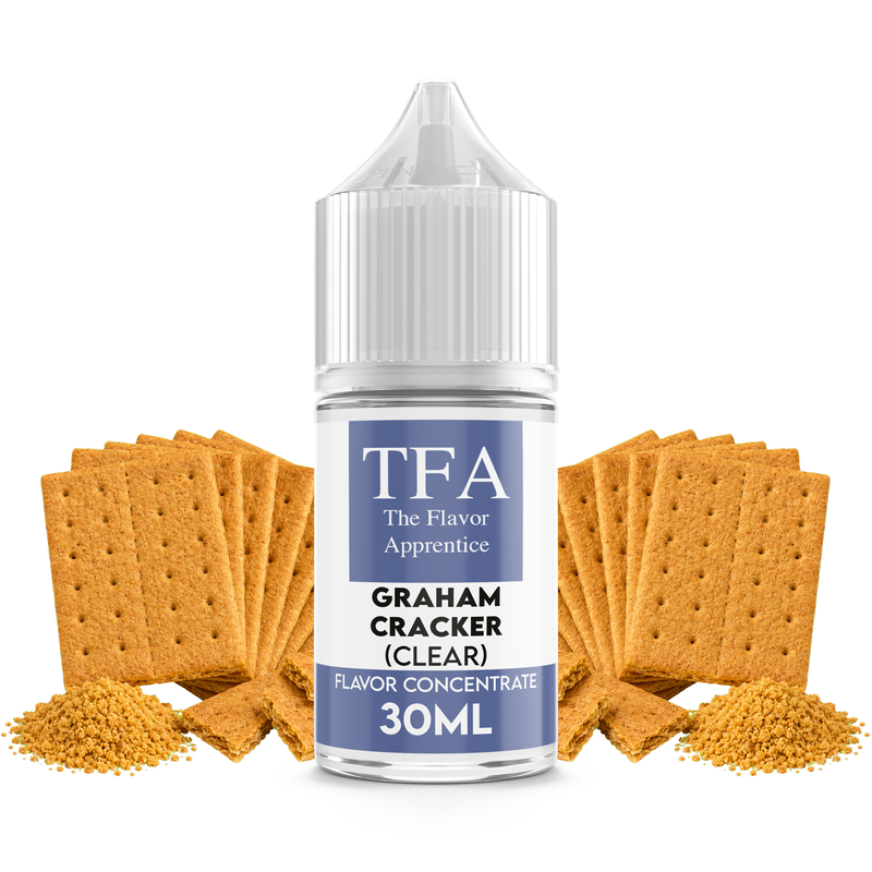 Flaska med Graham Cracker (Clear) från The Flavor Apprentice framför grahamskex och havrekakor.