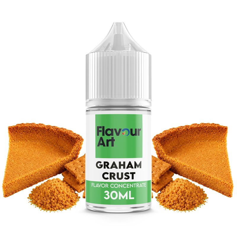Flaska med Graham Crust från Flavour Art framför ett nybakat pajskal av grahamkex.