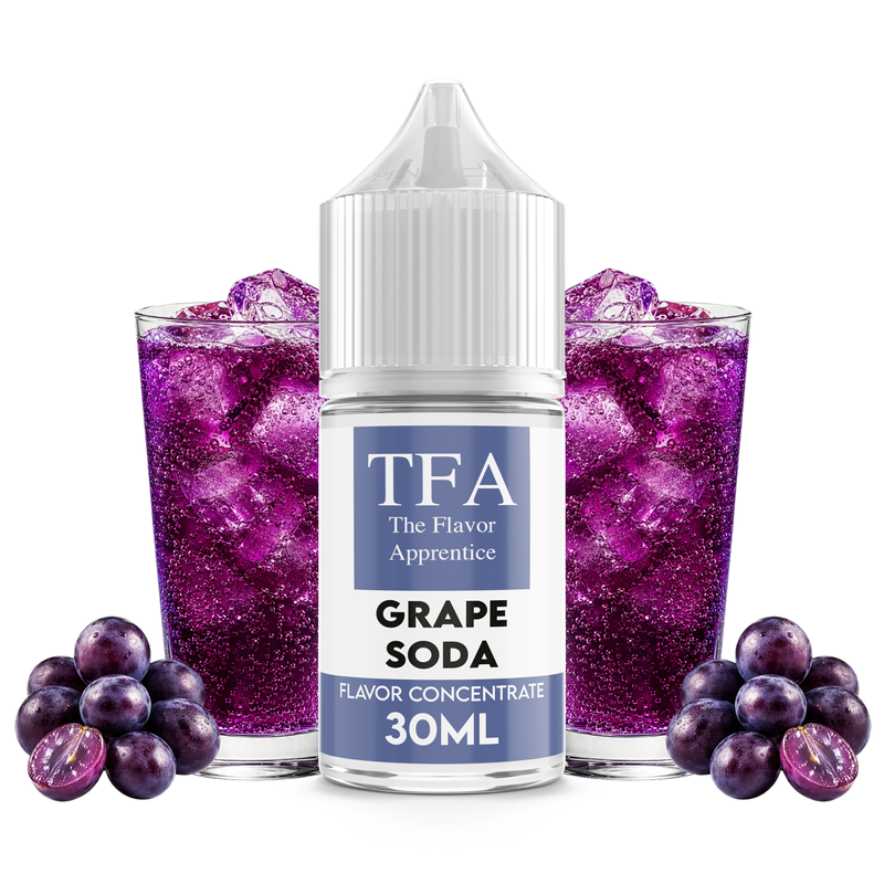 Flaska med Grape Soda från The Flavor Apprentice framför ett glas vindruvsläsk med is.