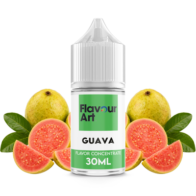 Flaska med Guava från Flavour Art framför mogna guavafrukter med saftigt fruktkött.