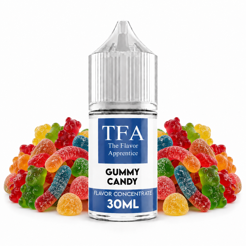 Flaska med Gummy Candy från The Flavor Apprentice framför färgglada gelégodisar.