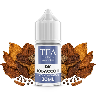 Flaska med DK Tobacco II från The Flavor Apprentice framför torkade tobaksblad.