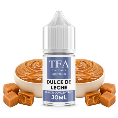 Flaska med Dulce de Leche från The Flavor Apprentice framför kolasås.