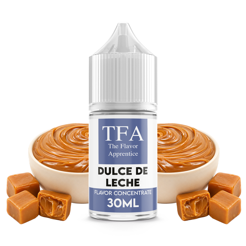 Flaska med Dulce de Leche från The Flavor Apprentice framför kolasås.