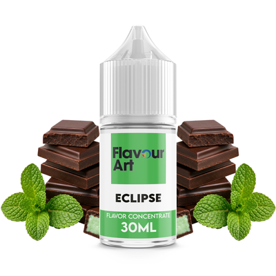 Flaska med Eclipse från Flavour Art framför bitar av mintchoklad och färska myntablad.