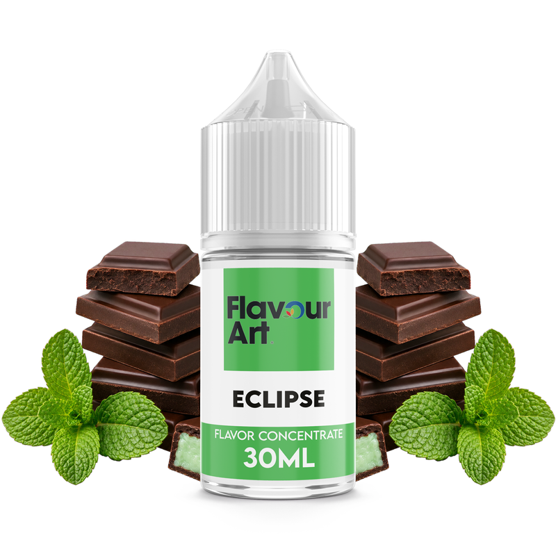 Flaska med Eclipse från Flavour Art framför bitar av mintchoklad och färska myntablad.