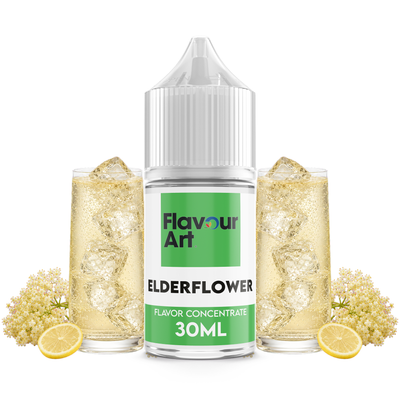 Flaska med Elderflower från Flavour Art framför ett glas fläderdryck och blommande fläder.