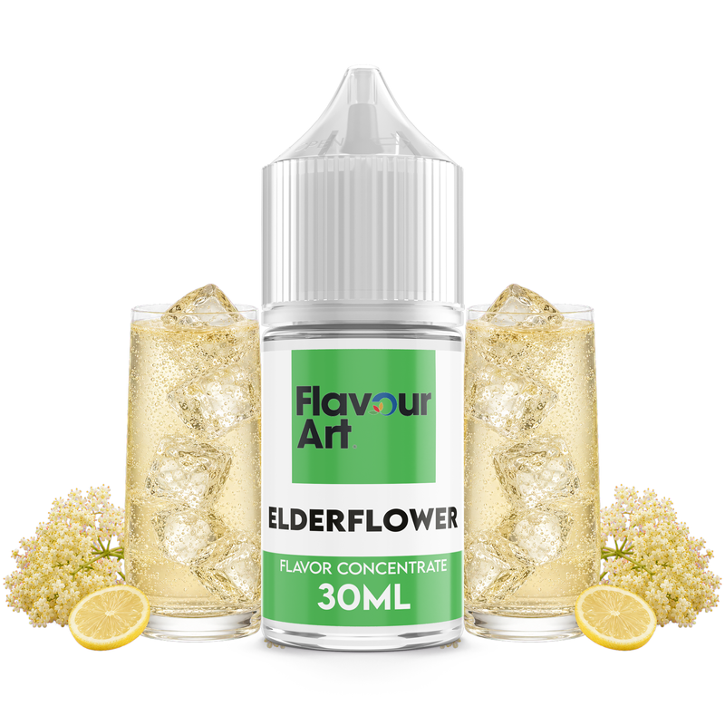 Flaska med Elderflower från Flavour Art framför ett glas fläderdryck och blommande fläder.