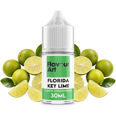 Flaska med Florida Key Lime från Flavour Art framför mogna Key lime-frukter och limeklyftor.