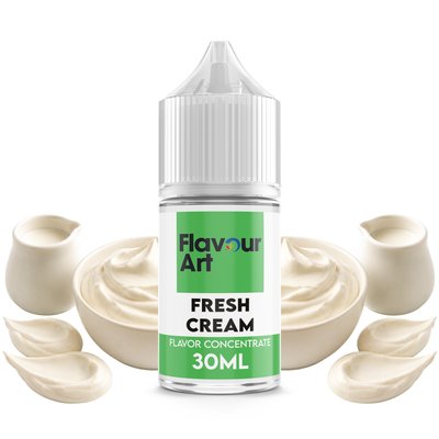 Flaska med Fresh Cream från Flavour Art framför en skål med färsk vispgrädde.