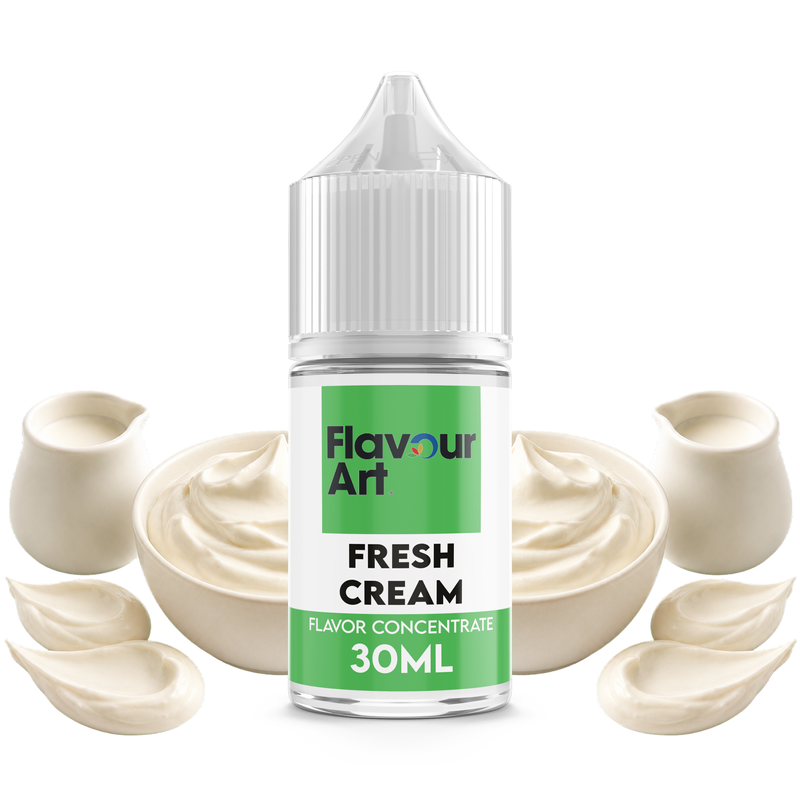 Flaska med Fresh Cream från Flavour Art framför en skål med färsk vispgrädde.