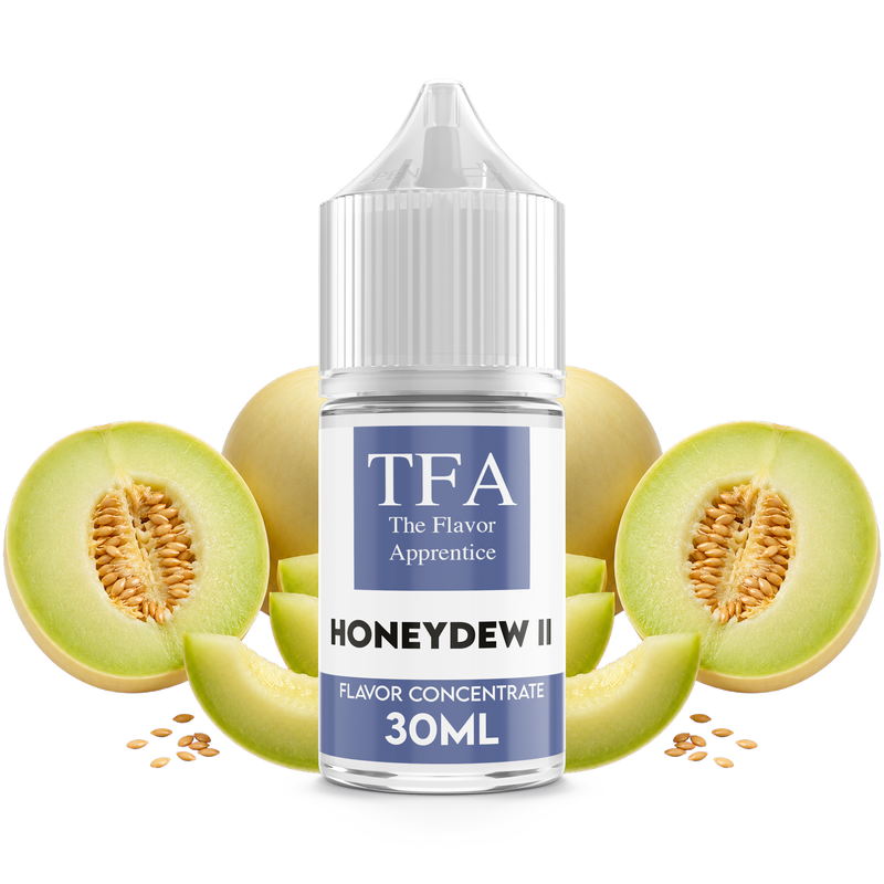 Flaska med Honeydew II från The Flavor Apprentice framför en uppskuren honungsmelon.
