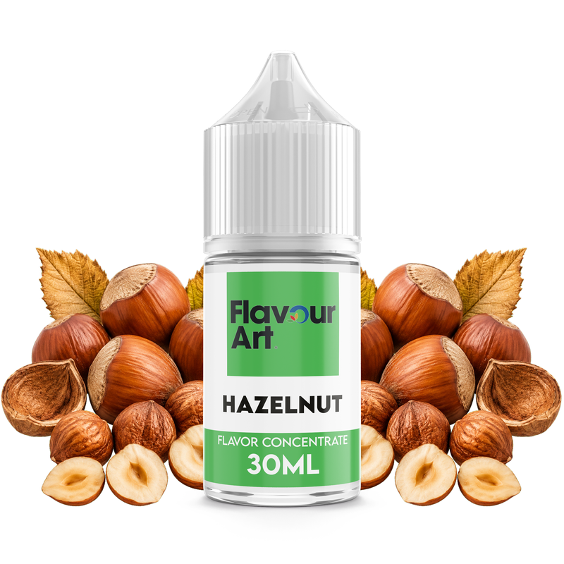 Flaska med Hazelnut från Flavour Art framför rostade hasselnötter.