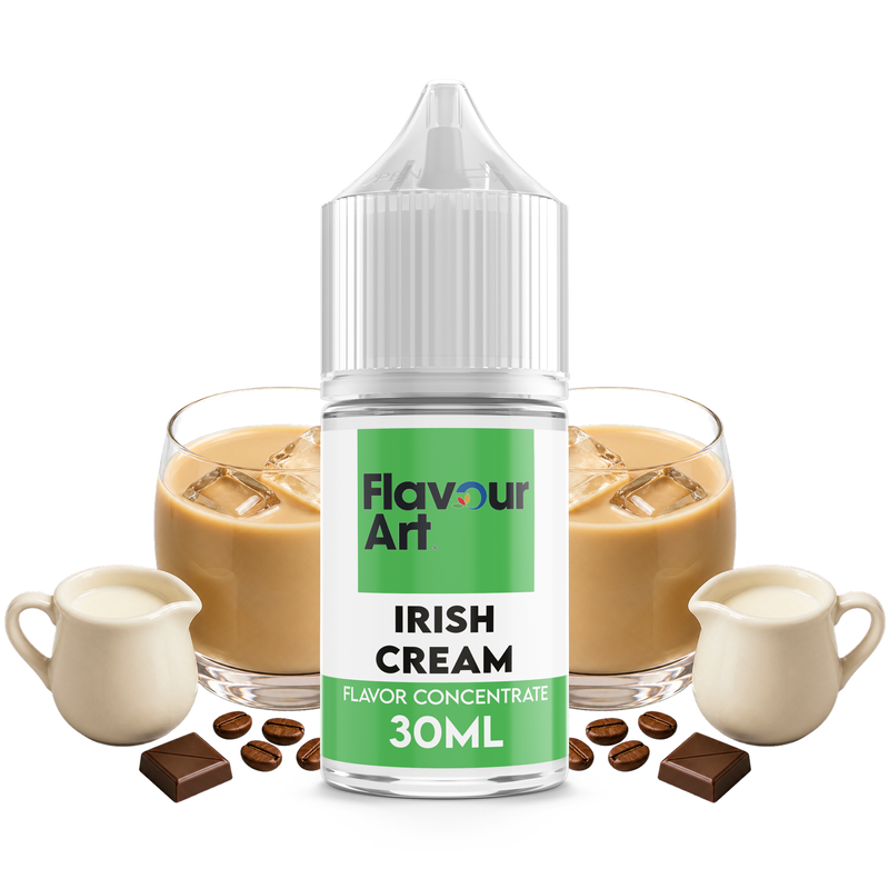 Flaska med Irish Cream från Flavour Art framför ett glas irländsk gräddlikör samt kaffebönor och choklad.