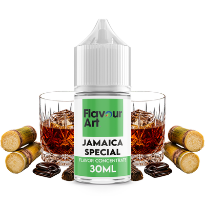 Flaska med Jamaica Special från Flavour Art framför ett glas mörk jamaicansk rom, ekfat och kryddor.