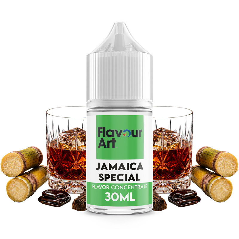 Flaska med Jamaica Special från Flavour Art framför ett glas mörk jamaicansk rom, ekfat och kryddor.