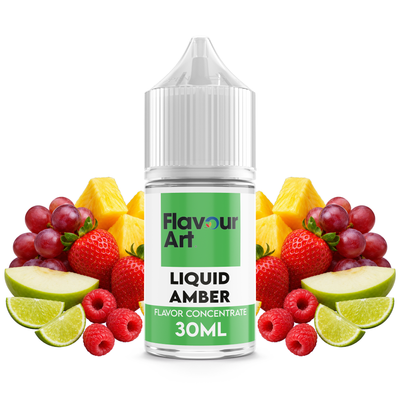 Flaska med Liquid Amber från Flavour Art framför tobaksblad och färska frukter med syrliga inslag.