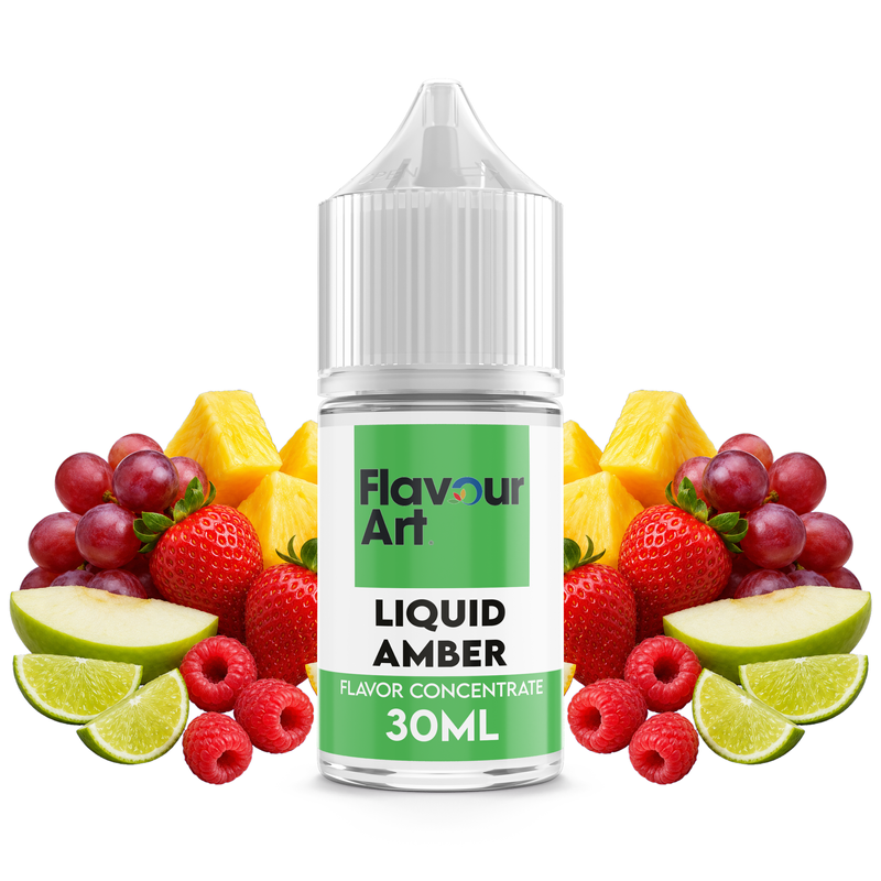 Flaska med Liquid Amber från Flavour Art framför tobaksblad och färska frukter med syrliga inslag.