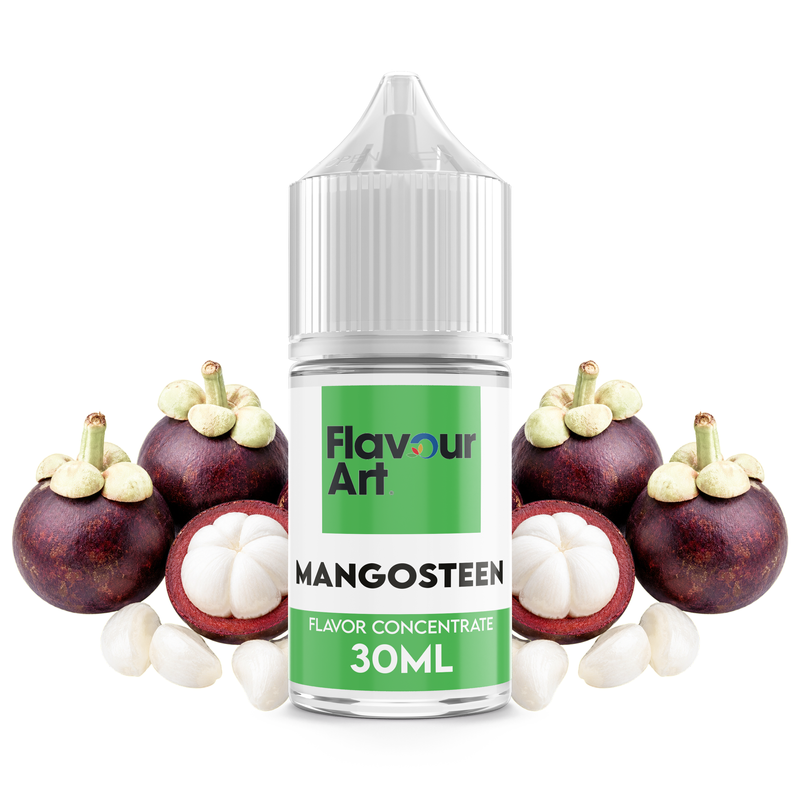 Flaska med Mangosteen från Flavour Art framför färska mangostanfrukter och öppnat vitt fruktkött.