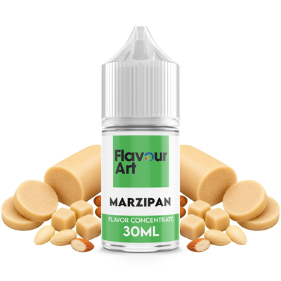 Flaska med Marzipan från Flavour Art framför klassisk marsipan och hela mandlar.