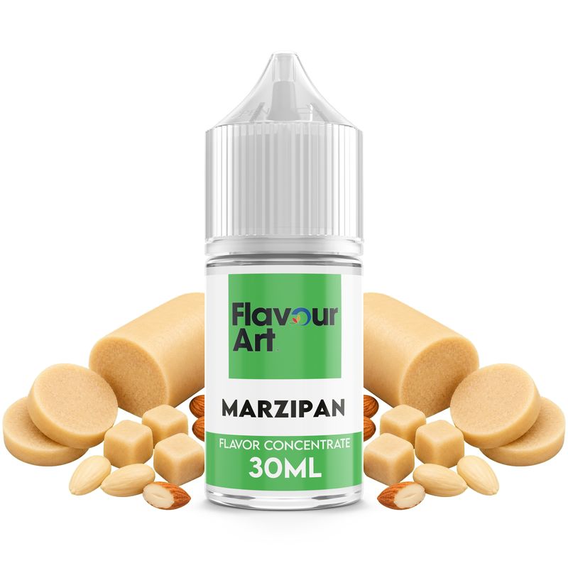 Flaska med Marzipan från Flavour Art framför klassisk marsipan och hela mandlar.