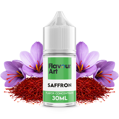 Flaska med Saffron från Flavour Art framför saffranstrådar.