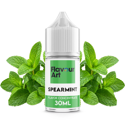 Flaska med Spearmint från Flavour Art framför färska blad av grönmynta.