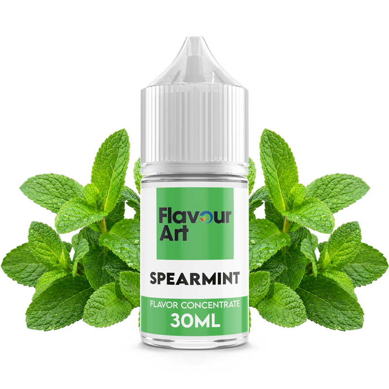 Flaska med Spearmint från Flavour Art framför färska blad av grönmynta.