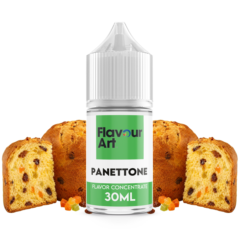Flaska med Panettone från Flavour Art framför en traditionell italiensk Panettone med kanderad frukt.