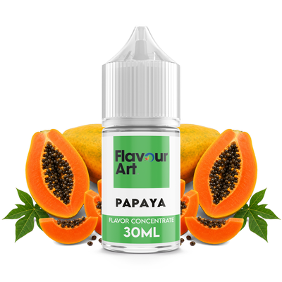 Flaska med Papaya från Flavour Art framför en mogen papaya delad på mitten.
