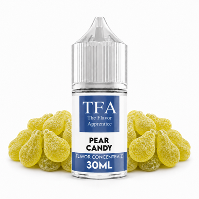 Pear Candy The Flavor Apprentice Flaska framför pärongodis mot en vit bakgrund