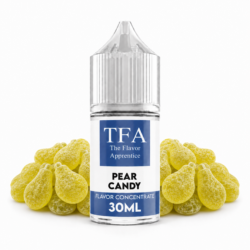 Pear Candy The Flavor Apprentice Flaska framför pärongodis mot en vit bakgrund