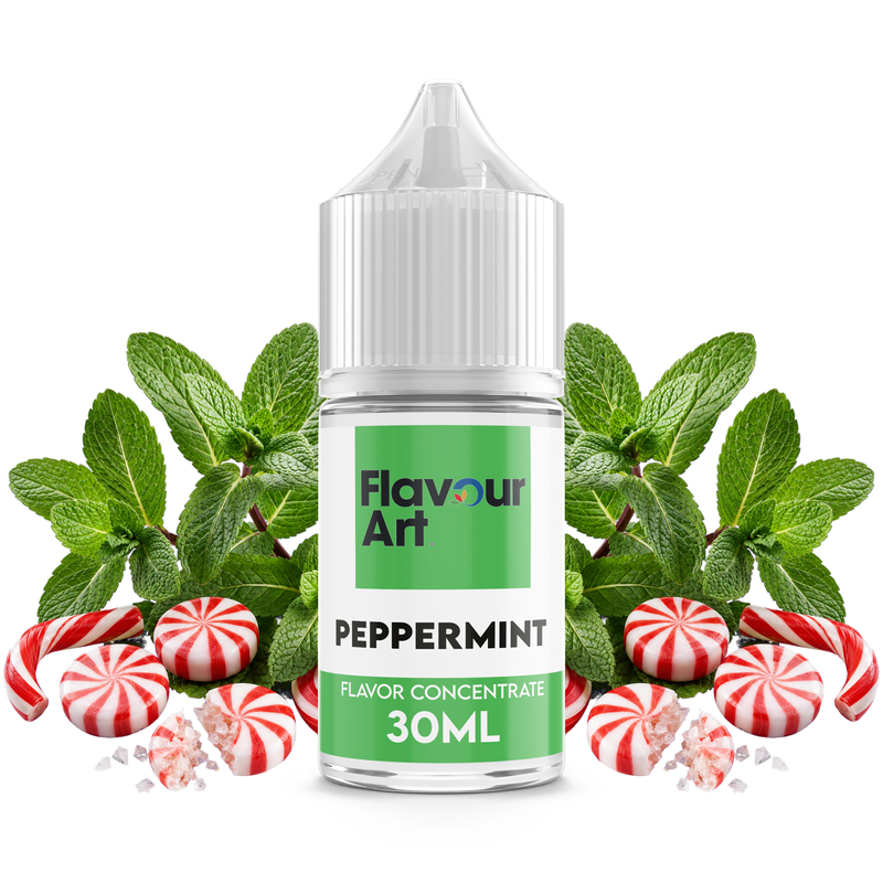 Flaska med Peppermint från Flavour Art framför färska blad av pepparmynta.