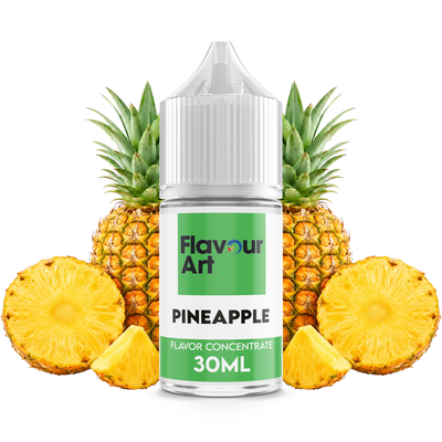 Flaska med Pineapple från Flavour Art framför en skivad ananas.