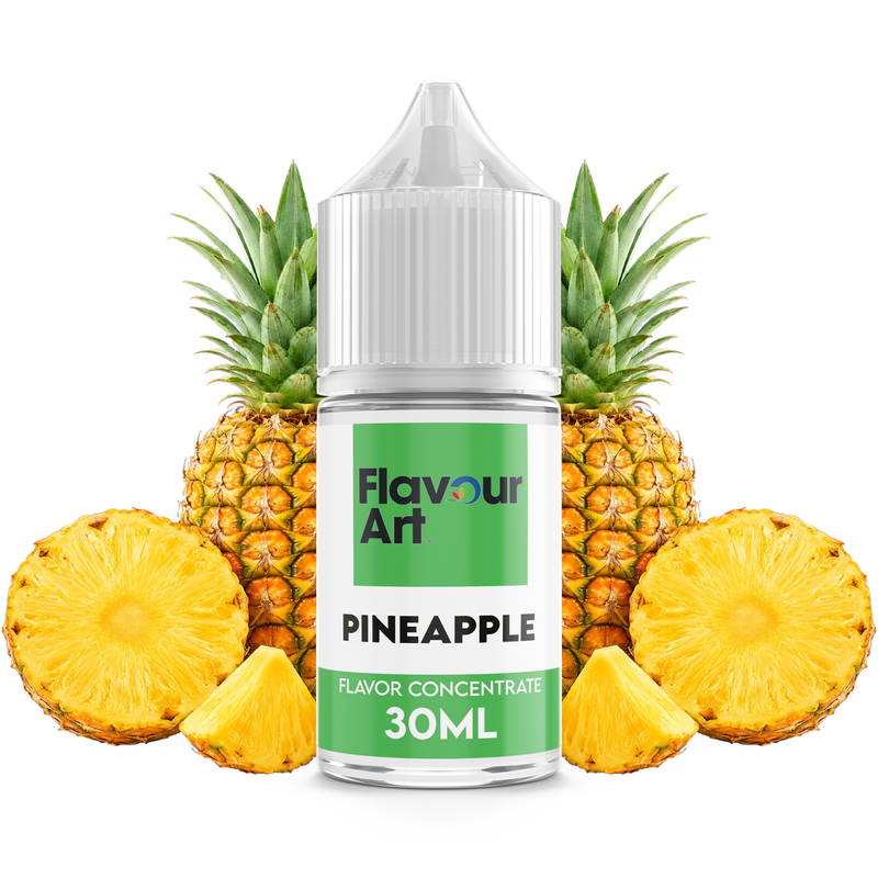 Flaska med Pineapple från Flavour Art framför en skivad ananas.