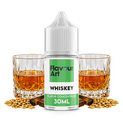 Flaska med Whiskey från Flavour Art framför ett whiskeyglas och ekfat.