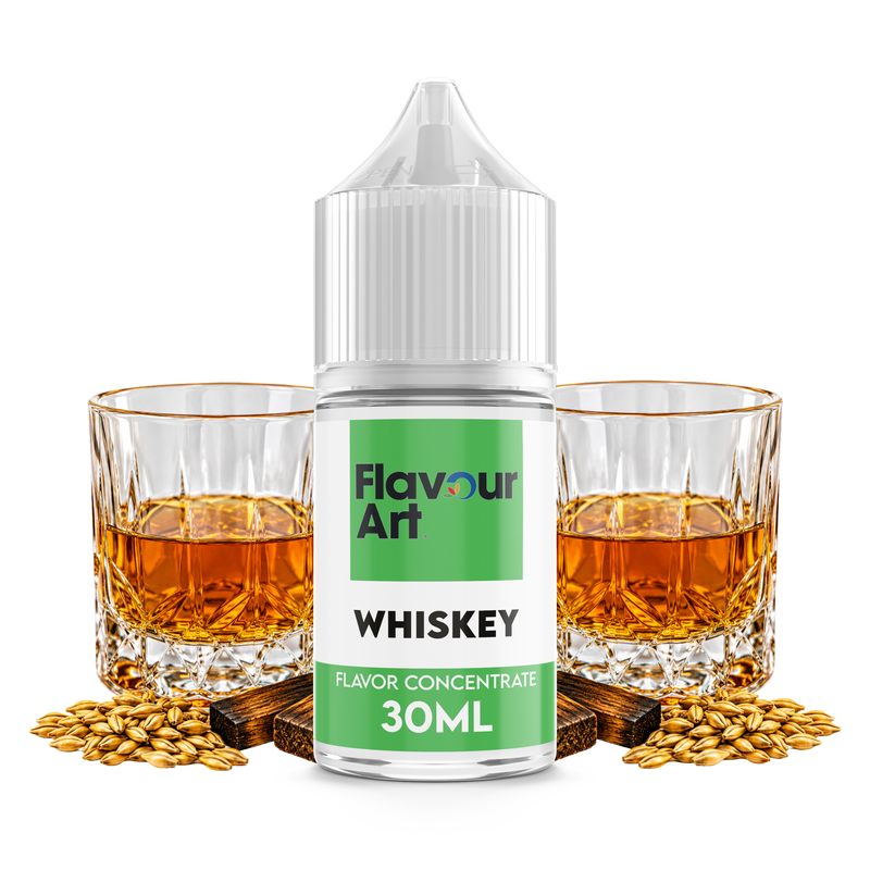 Flaska med Whiskey från Flavour Art framför ett whiskeyglas och ekfat.