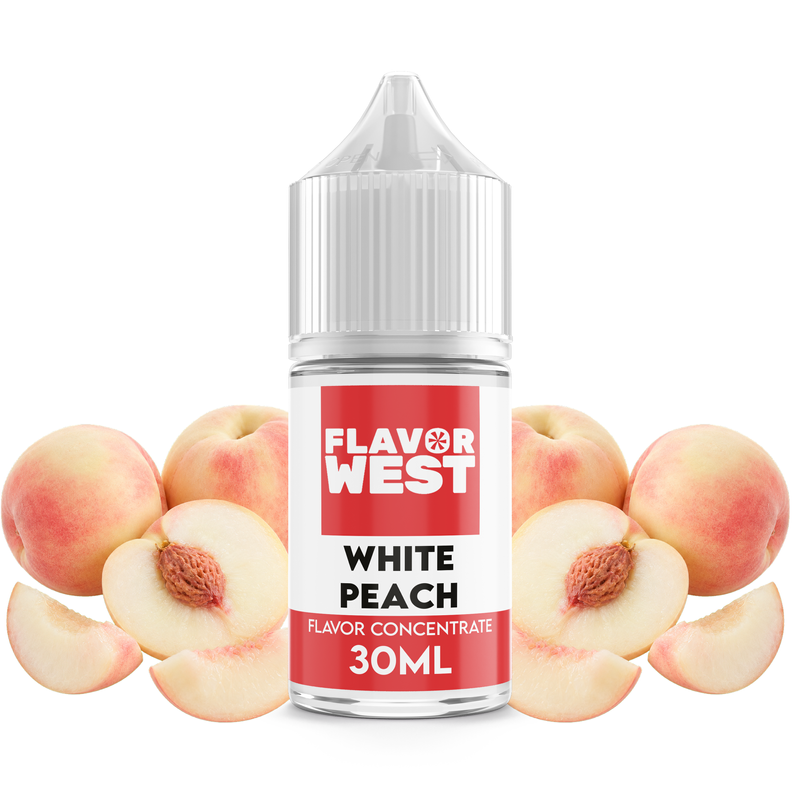 Flaska med White Peach från Flavor West framför en mogen vit persika.