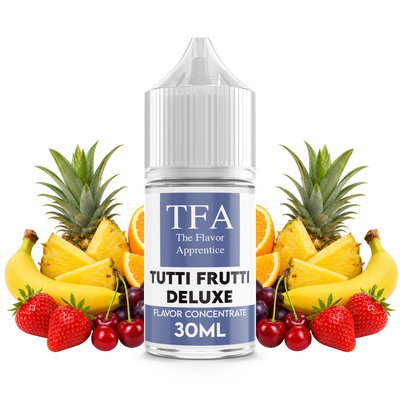 Flaska med Tutti Frutti Deluxe från The Flavor Apprentice framför färgglada fruktkarameller och blandade frukter.
