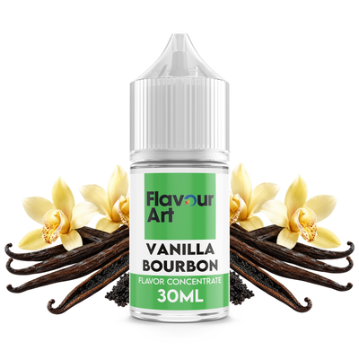 Flaska med Vanilla Bourbon från Flavour Art framför vaniljstänger och vaniljblommor.