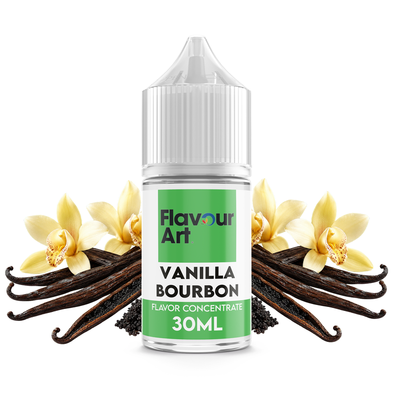 Flaska med Vanilla Bourbon från Flavour Art framför vaniljstänger och vaniljblommor.