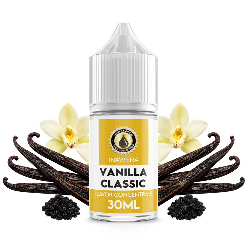 Flaska med Vanilla Classic från Inawera framför vaniljstänger och vaniljblommor.